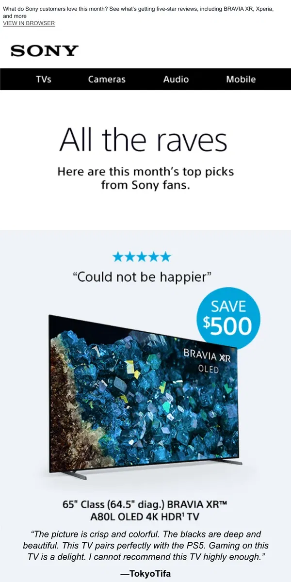 Email from Sony. Our Top-Rated Picks—Just for You