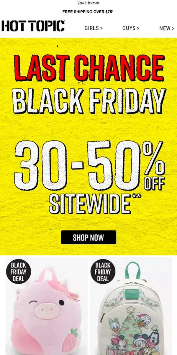 Email from Hot Topic. 30%-50% off sitewide + BOGO $10 hoodies + Marvel Holiday Pops! 🛍️