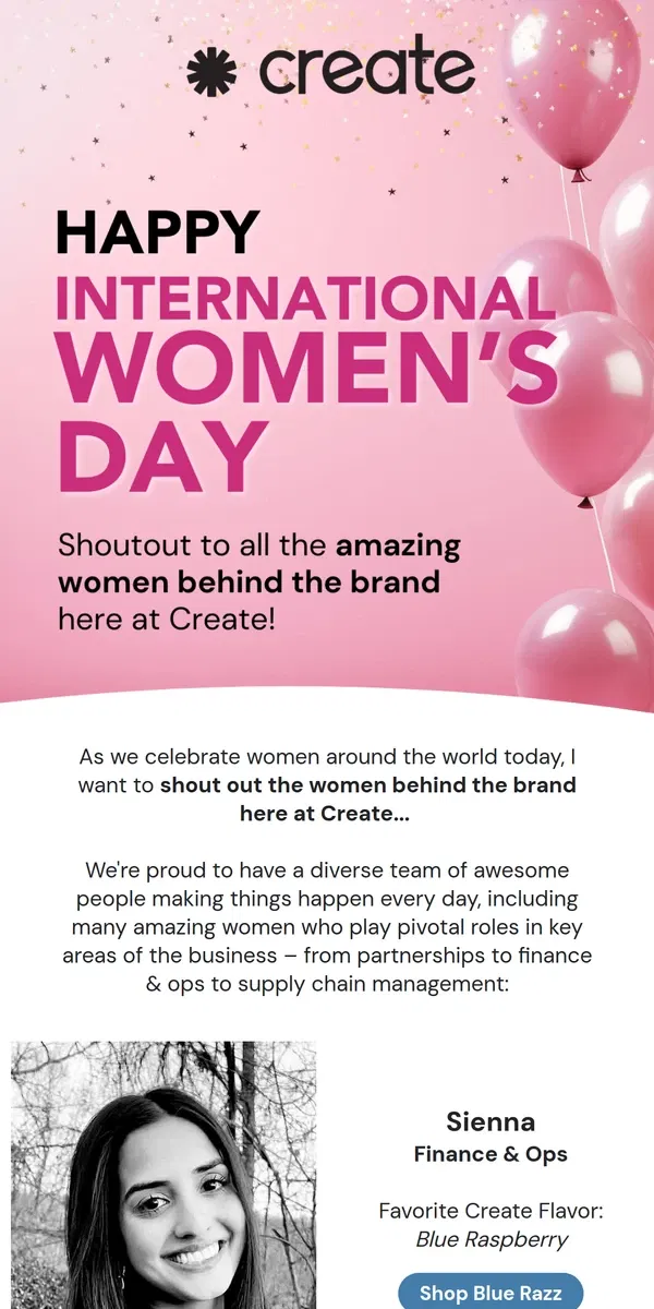 Email from Create Wellness. Happy International Women's Day! 🤩