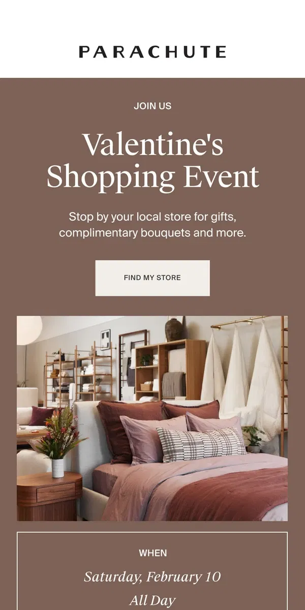 Email from Parachute Home. You’re Invited: Valentine’s Shopping Event