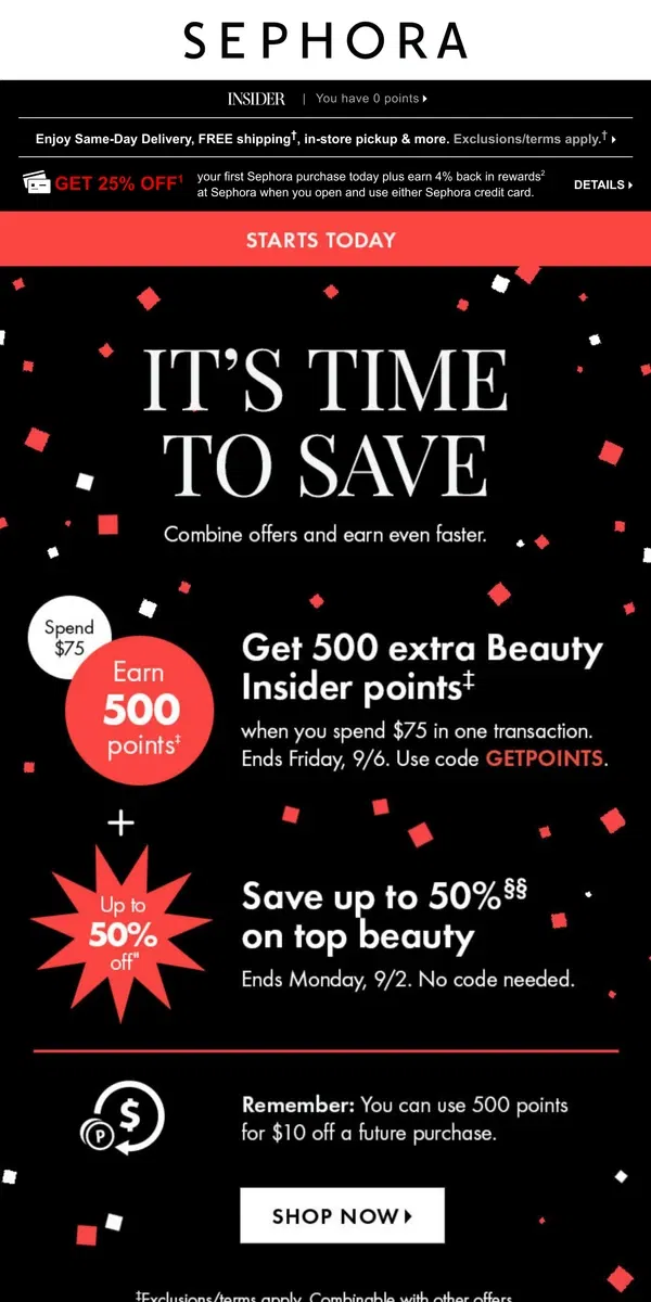 Email from Sephora. Starts NOW, Sephora Shopper: Get up to 50% off select beauty 😍