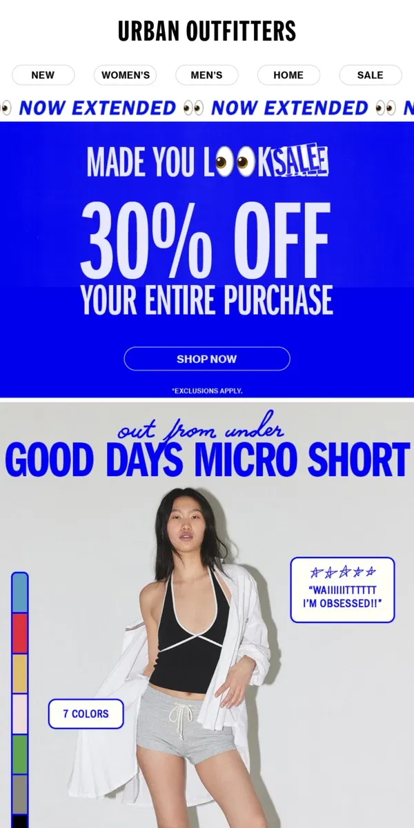 Email from Urban Outfitters. 30% OFF YOUR PURCHASE EXTENDED +  go-to shorts