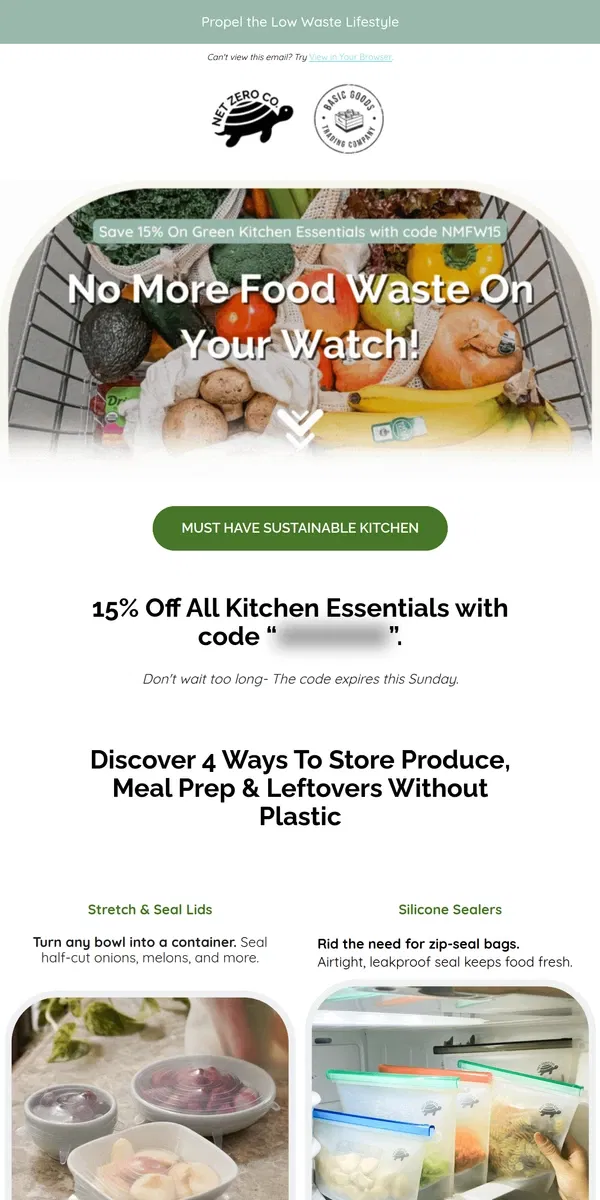 Email from Net Zero Co.. Embrace Your Eco-Chef with 15% Off All Kitchen Essentials