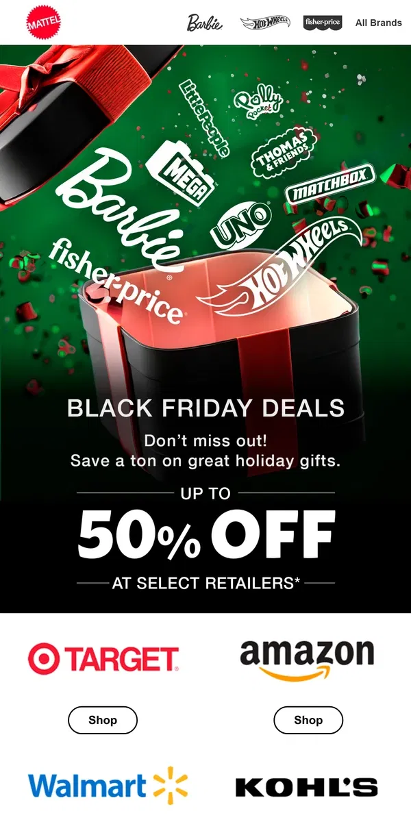 Email from Mattel Store. Huge Black Friday Deals, Up to 50% Off!