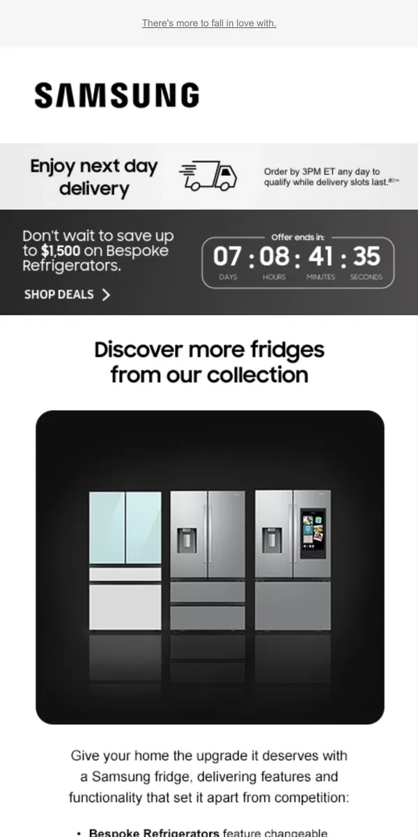 Email from Samsung. [Name], still looking? Check out other bestselling Samsung fridges