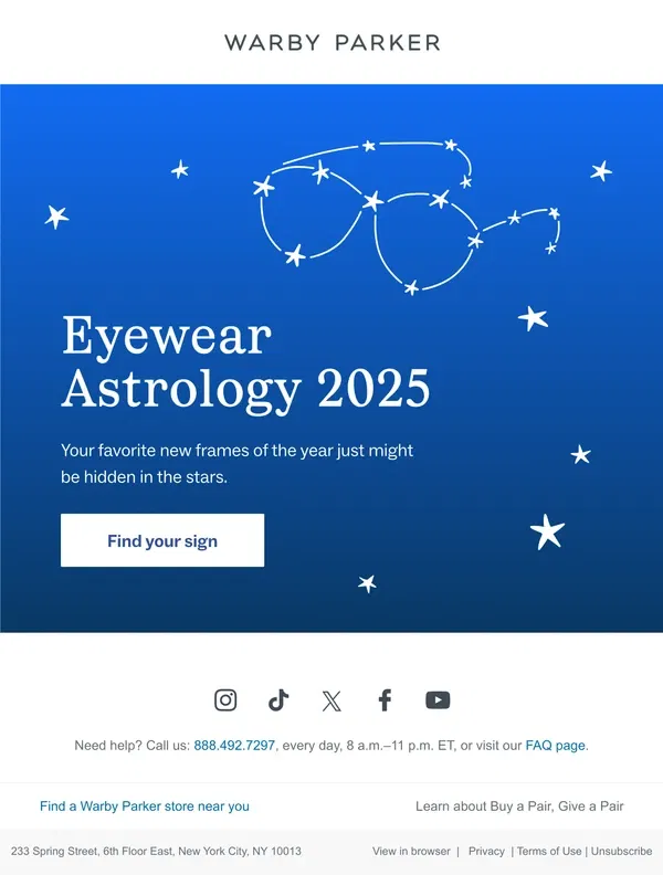 Email from Warby Parker. Which pair shares your sign?