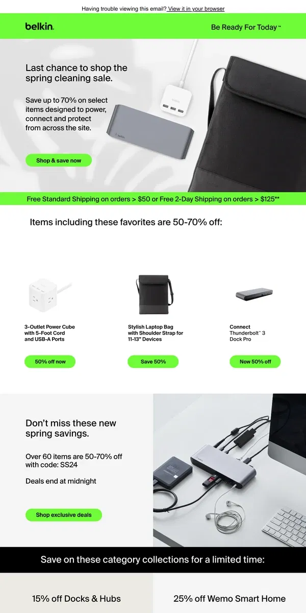 Email from Belkin. Last chance to save up to 50-70% with these first-ever spring cleaning deals