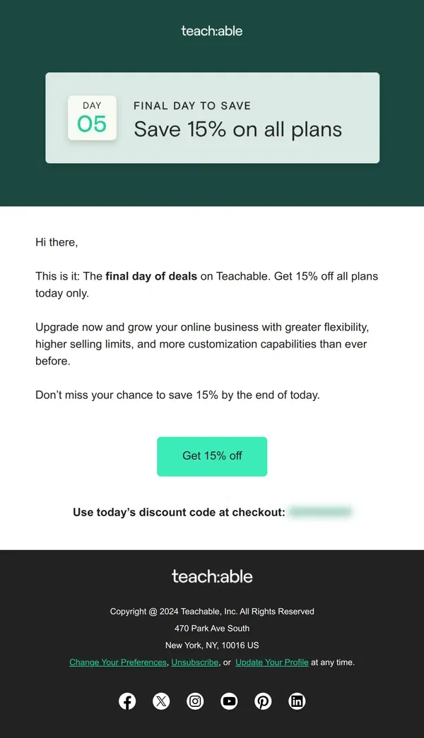 Email from Teachable. 15% off is yours (only today!)