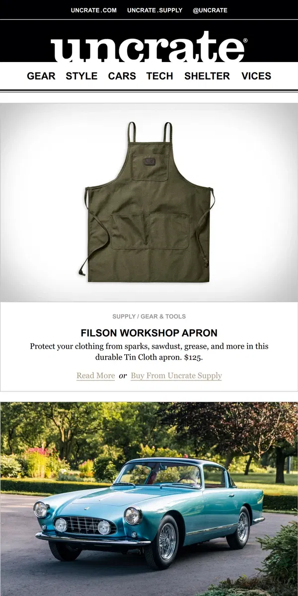 Email from Uncrate. Filson Workshop Apron & more