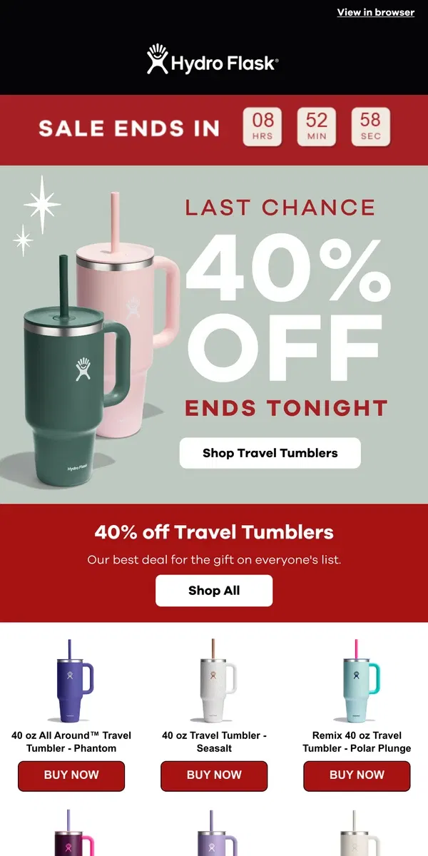 Email from Hydro Flask. LAST CHANCE: FINAL HOURS FOR 40% OFF