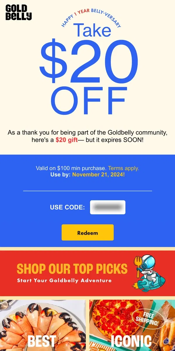 Email from Goldbelly. 🚨 You Have A $20 Gift! Expires Soon ⏰