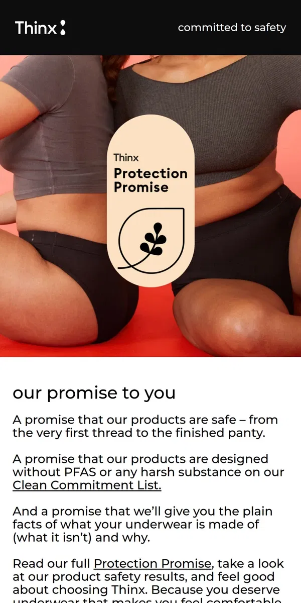 Email from Thinx. putting safety first, always