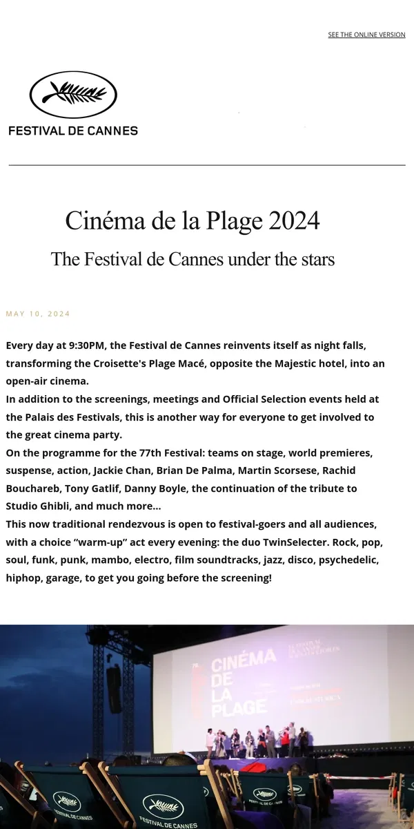 Email from Festival de Cannes. Cinéma de la Plage 2024, the Festival de Cannes under the stars