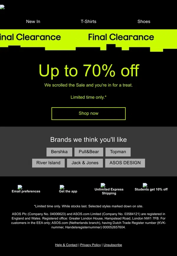 Email from ASOS. Sale: final clearance – up to 70% off