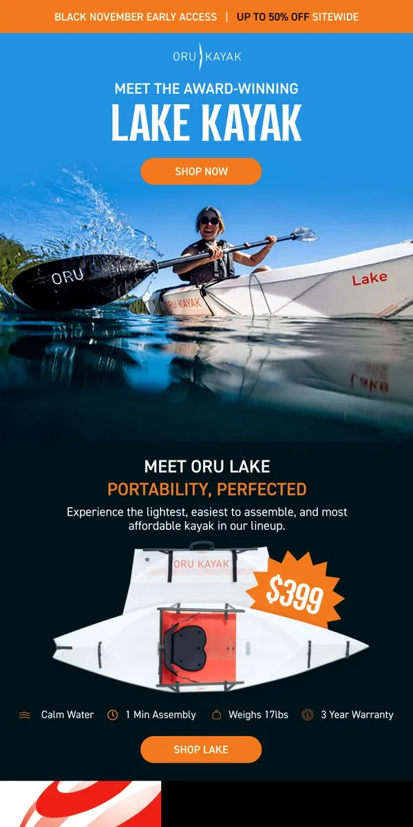 Email from Oru Kayak. Meet Lake 🤝 Our Lightest, Most Affordable Kayak