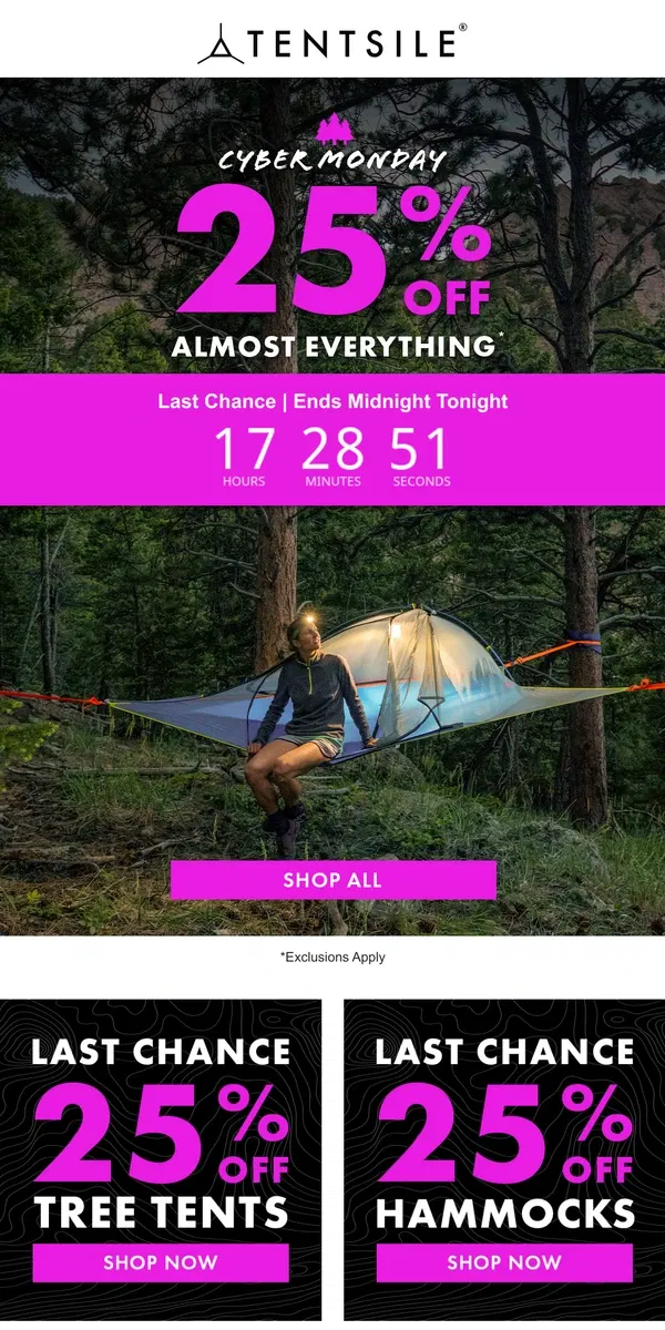 Email from Tentsile. ENDS MIDNIGHT | EPIC SAVINGS 🌲