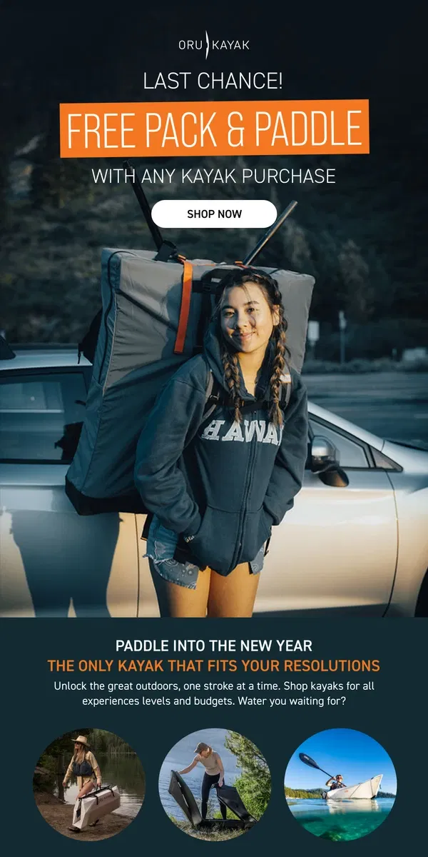 Email from Oru Kayak. Travel Light, Live Big: Free Pack + Paddle 🏔️