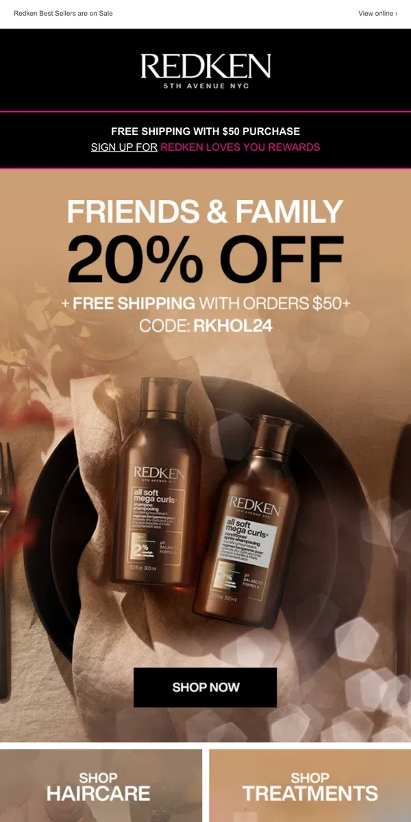 Email from Redken. Get 20% off When you Spend $50