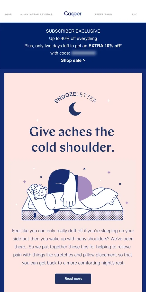 Email from Casper. Sleeping through shoulder pain?