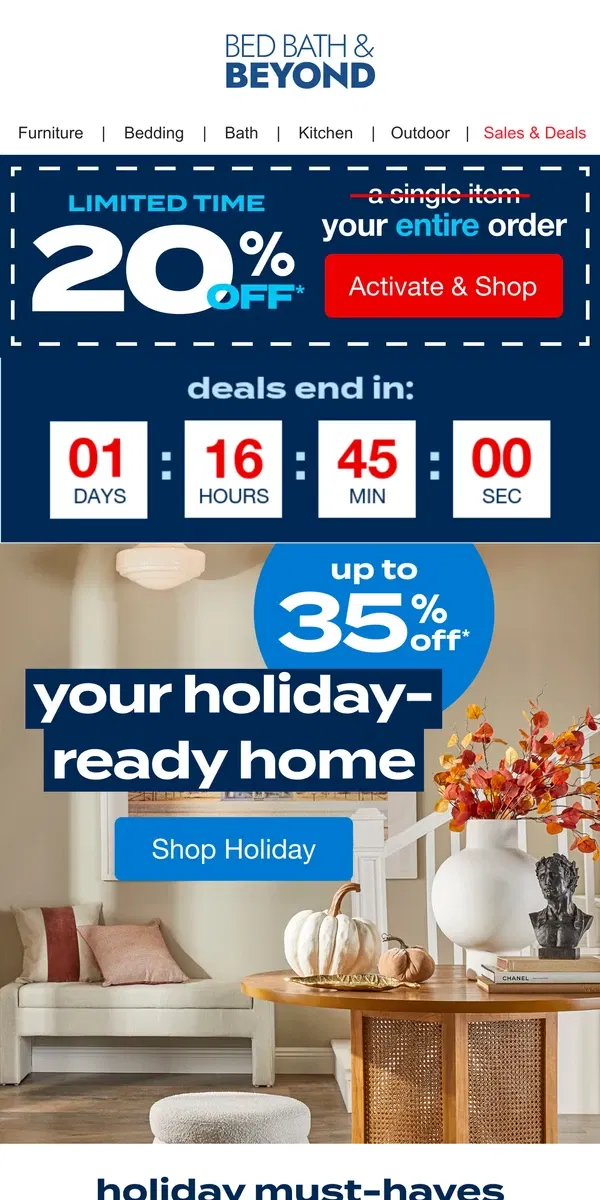 Email from Bed Bath & Beyond. Up to 35% off Your Holiday-Ready Home ✨