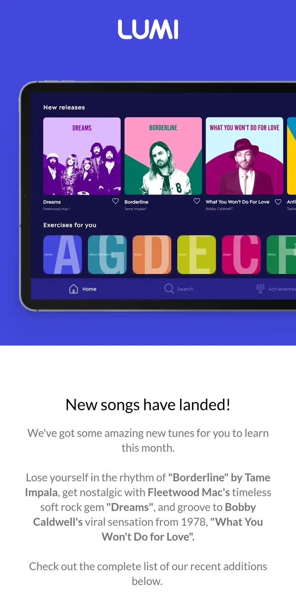 Email from LUMI. NEW SONGS: Learn Tame Impala, Fleetwood Mac and more! 🎶