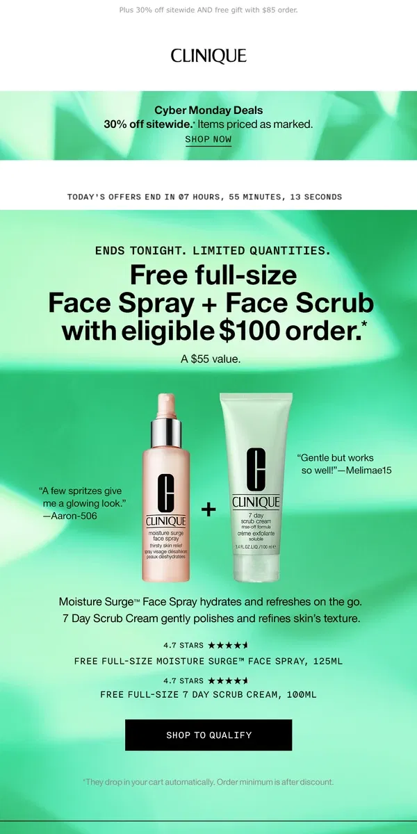 Email from Clinique. Ends tonight! We’re treating you to a full-size duo with purchase. 