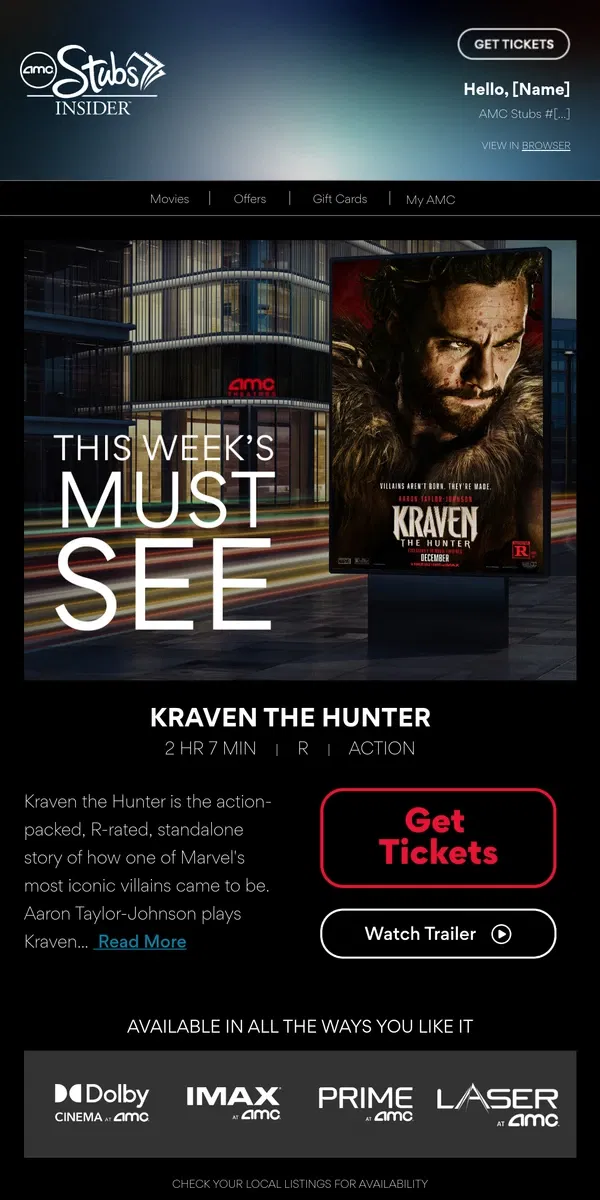 Email from AMC Theatres. [Name], Your Weekly Ticket Is Here