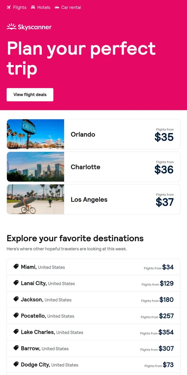 Email from Skyscanner. Orlando from $35 and more ✈️