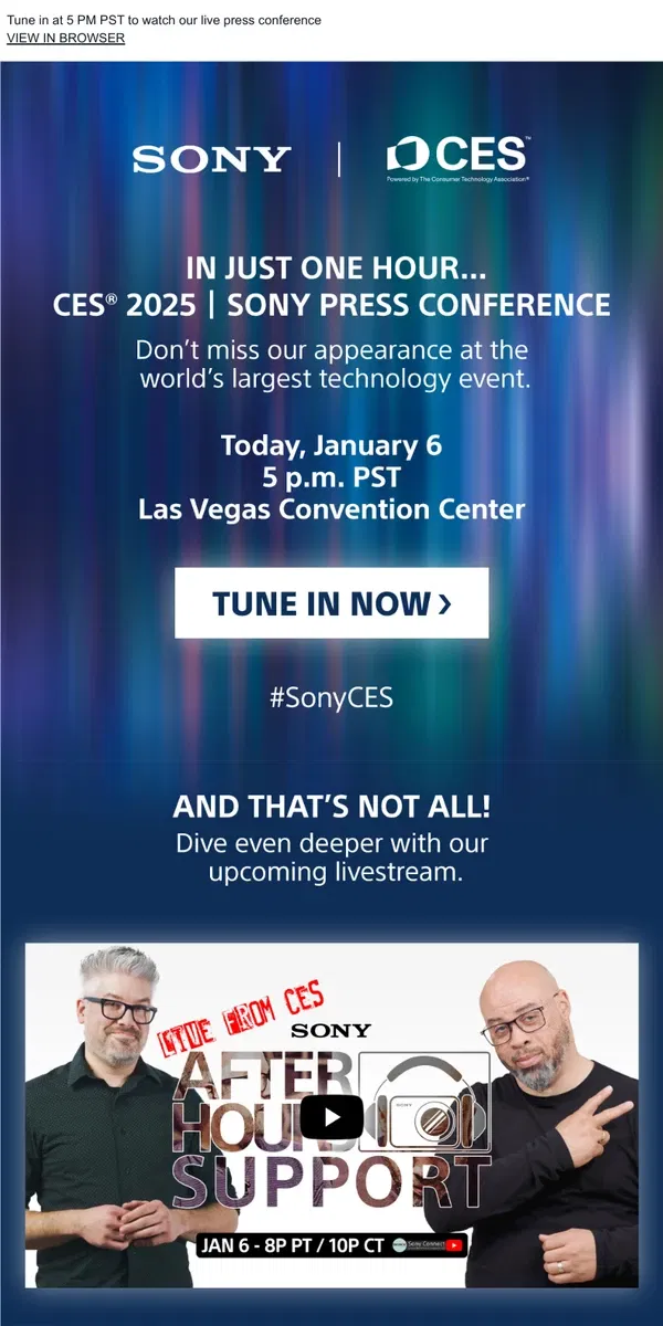 Email from Sony. Sony Press Conference At CES Starts Soon | Join Live