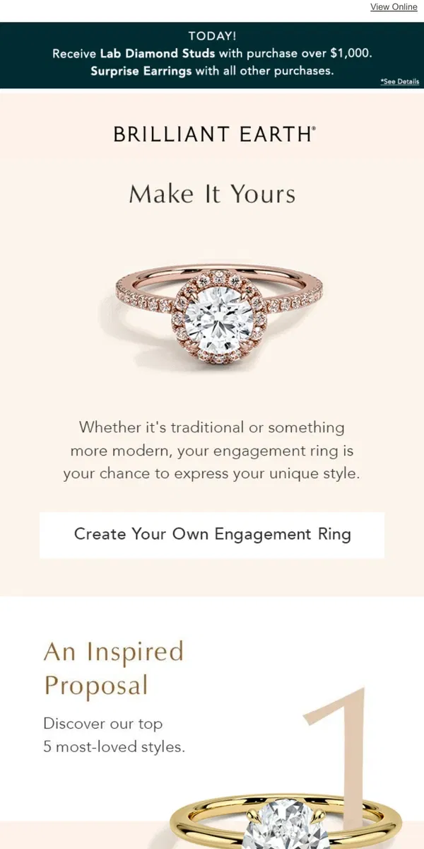 Email from Brilliant Earth. 5 engagement rings we think you'll love