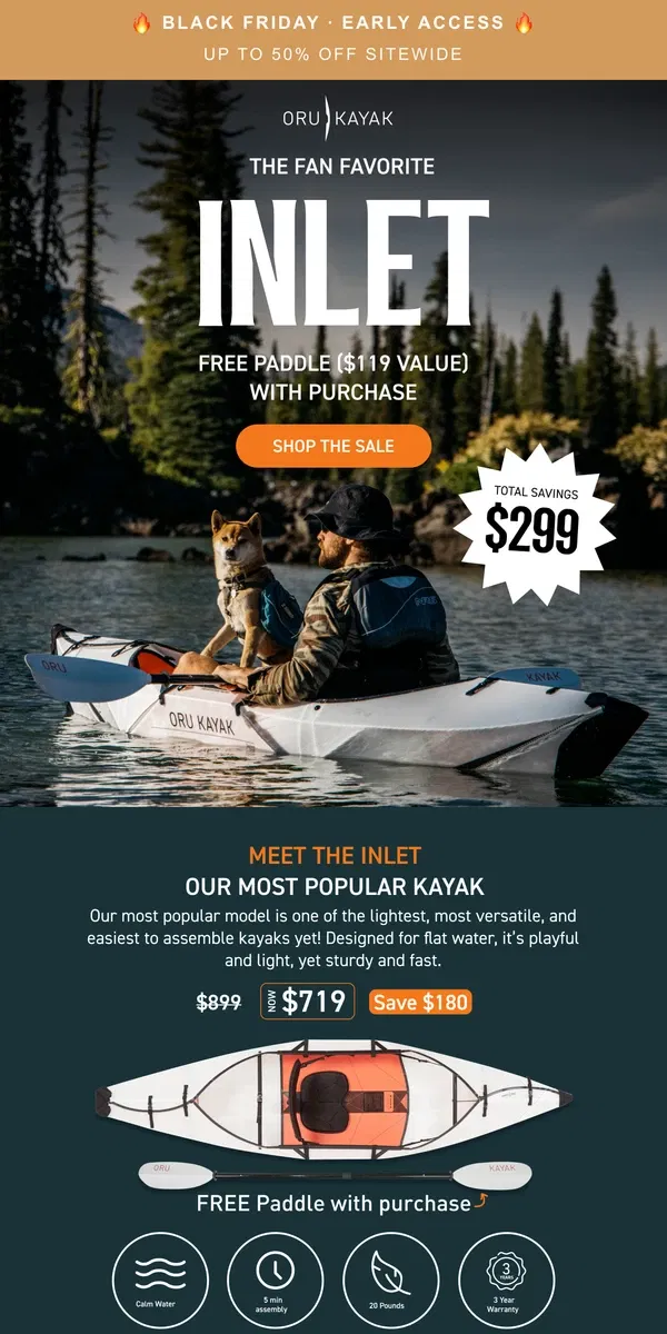 Email from Oru Kayak. Today's Deal: 20% Off Inlet + Free Paddle ⚡