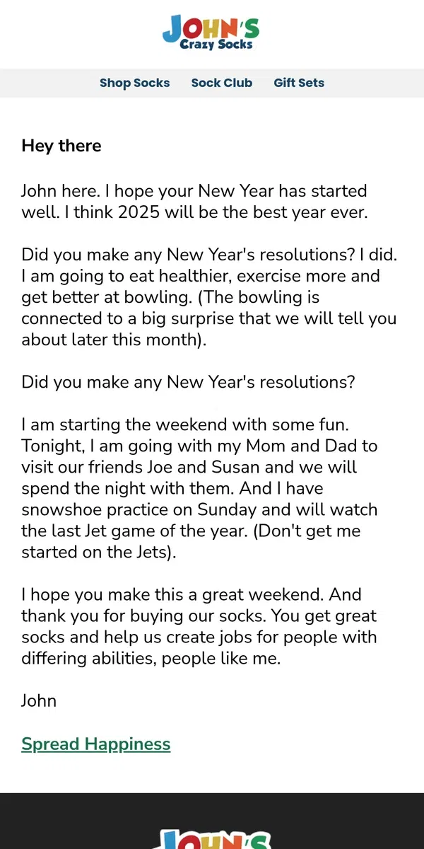 Email from John's Crazy Socks. I Hope Your New Year Has Started Well ❤️