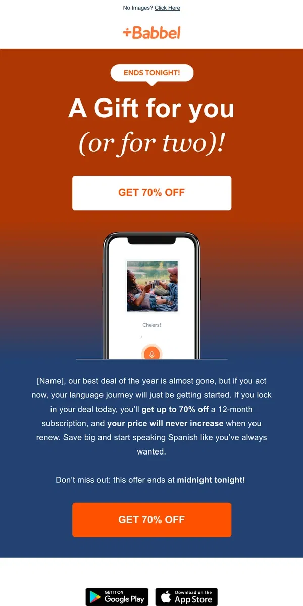 Email from Babbel. So long, farewell to 70% off Babbel 👋