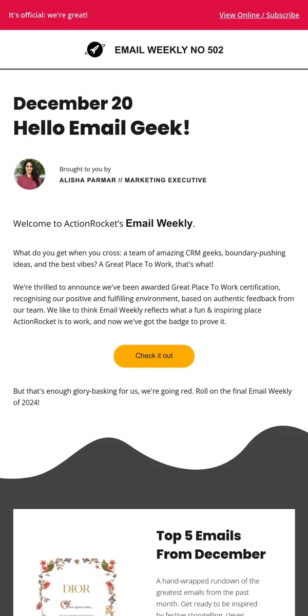 Email from ActionRocket. EmailWeekly #502: I'd like to thank my Mum