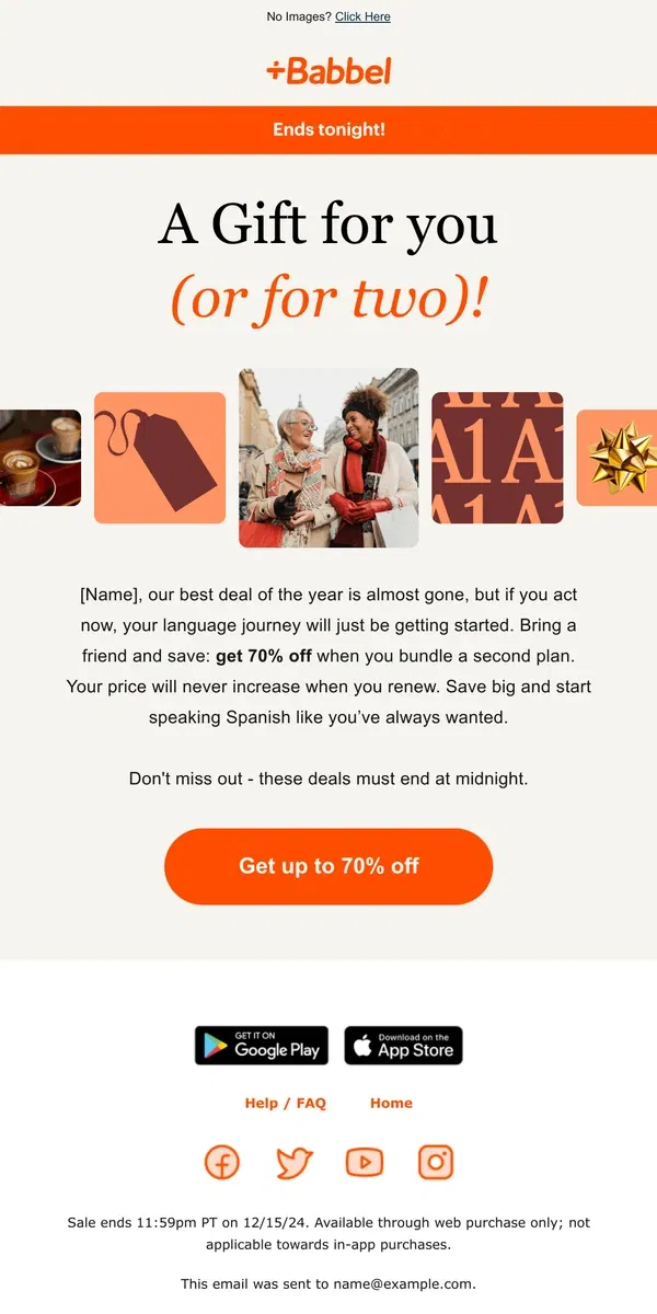 Email from Babbel. So long, farewell to 70% off Babbel 👋