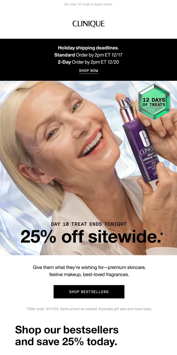 Email from Clinique. ✅ Your🎄 list! JUST HOURS LEFT for 25% off sitewide.