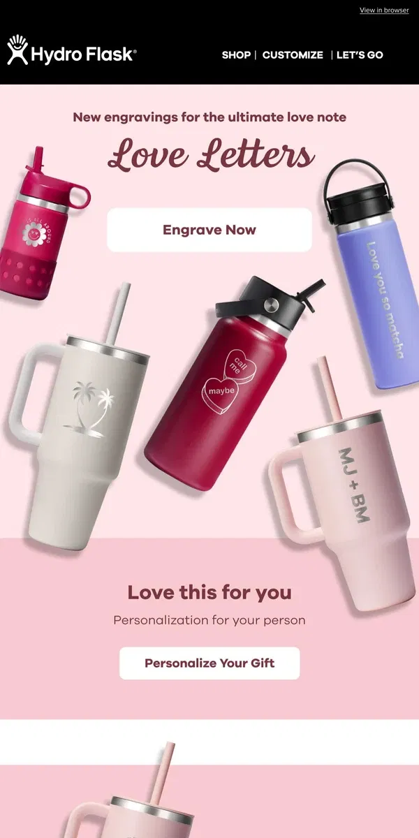 Email from Hydro Flask. 💖 Love-themed engravings are here