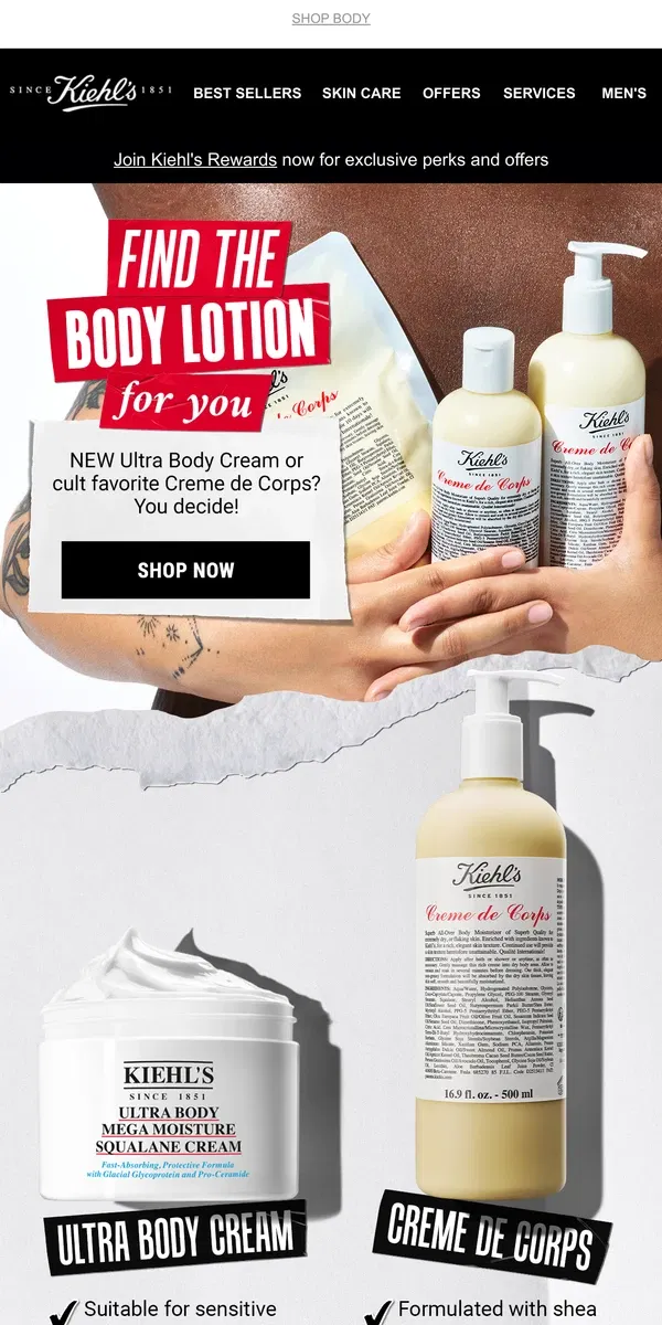 Email from Kiehl's. Choose Your Fighter🥊Ultra Body vs. Creme de Corps