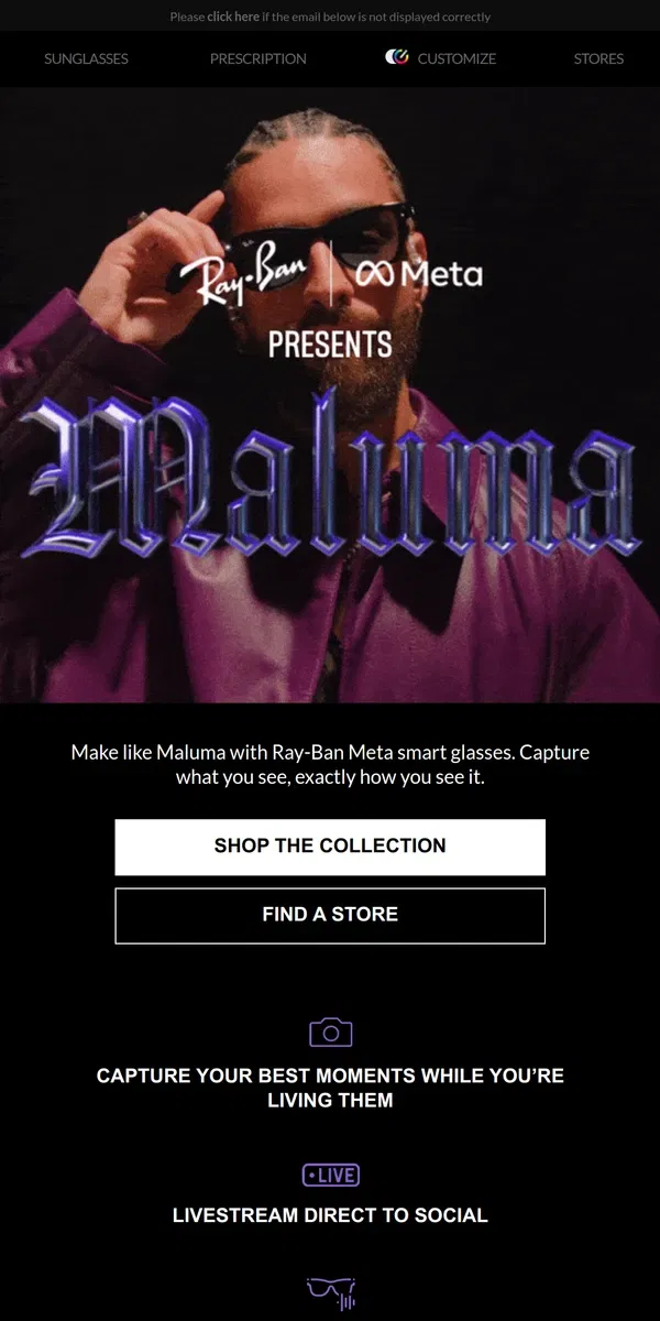 Email from Ray-Ban. Maluma presents Ray-Ban Meta