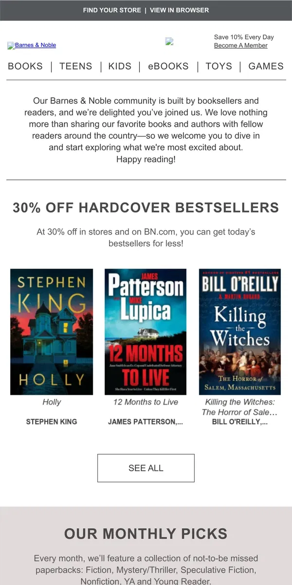 Email from Barnes & Noble. Welcome to Barnes & Noble! Get to Know Our Favorite Books