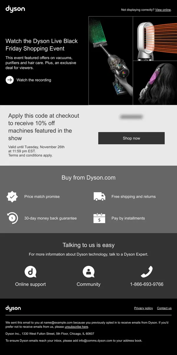 Email from Dyson. Missed the Dyson Live Black Friday event?