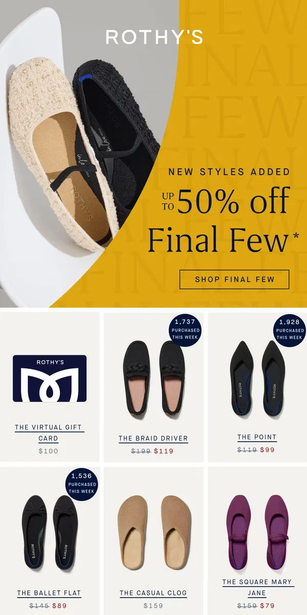 Email from Rothy's. New! Final Few! Styles! Up to 50% off.