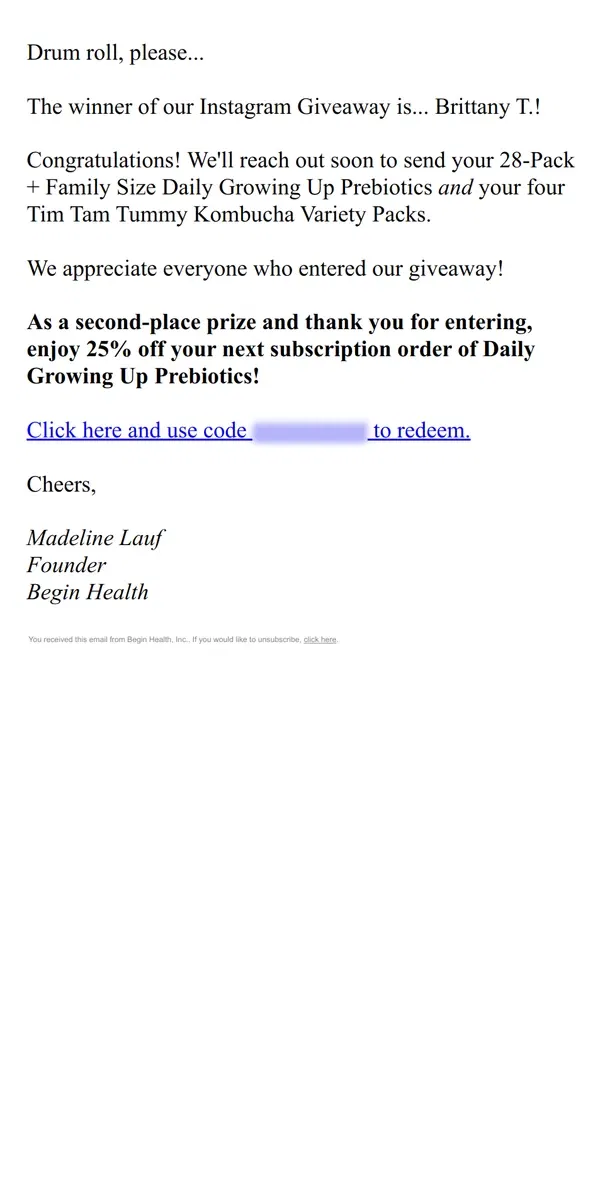 Email from Begin Health. 👀 Giveaway Winner: INSIDE