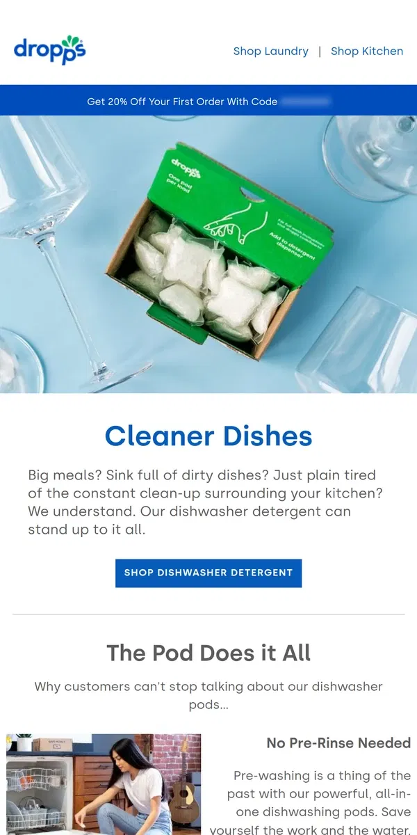 Email from Dropps. How to get sparklingly clean dishes