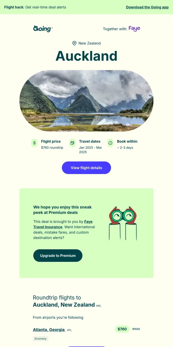 Email from Going. 🥝 New Zealand —  $760 (Jan-Mar)