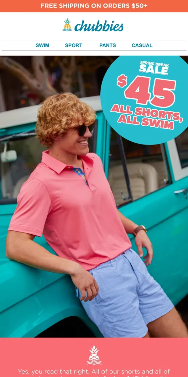 Email from Chubbies Shorts. We're in our $45 Swim Trunk & Shorts Era 🌟