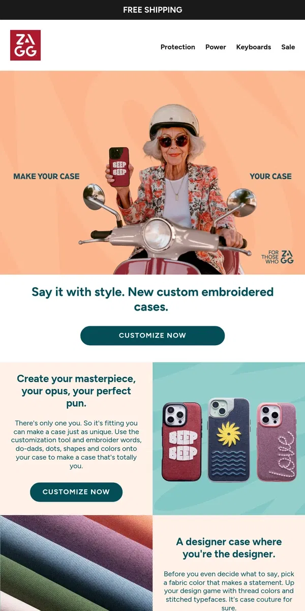 Email from ZAGG. Say it with style. New custom embroidered cases.