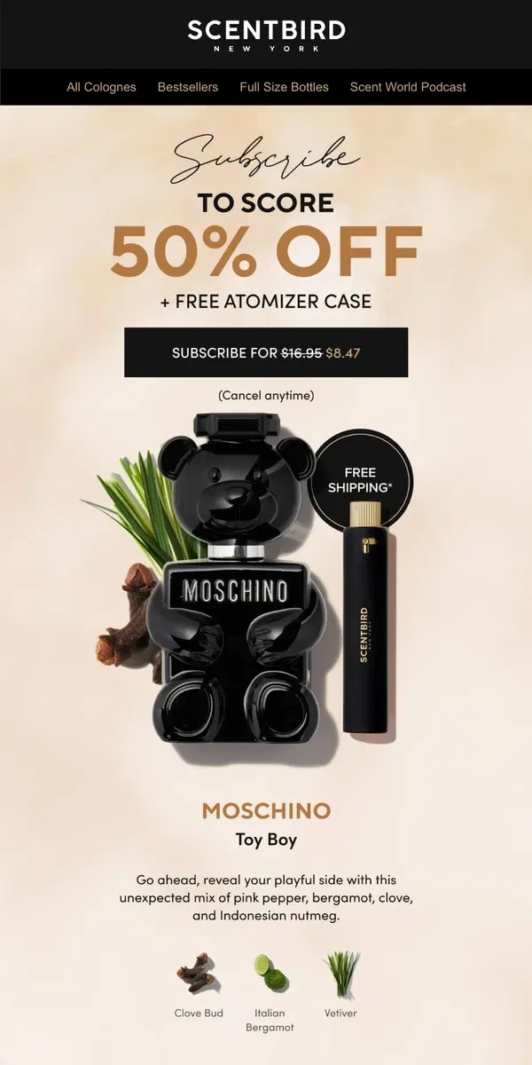 Email from Scentbird. Score 50% OFF Moschino’s Toy Boy