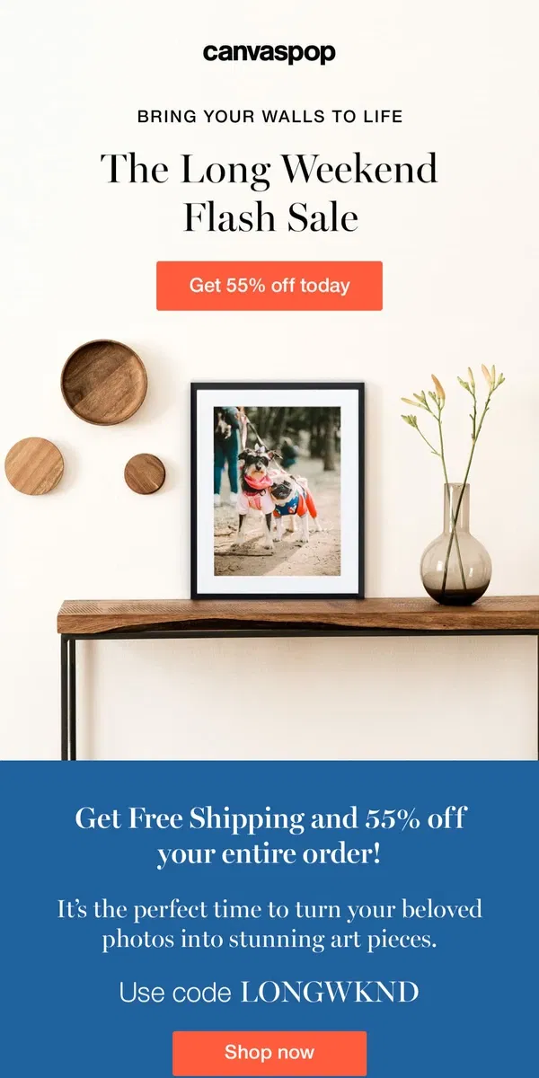 Email from Canvaspop. Save 55% off your order + Free Shipping!