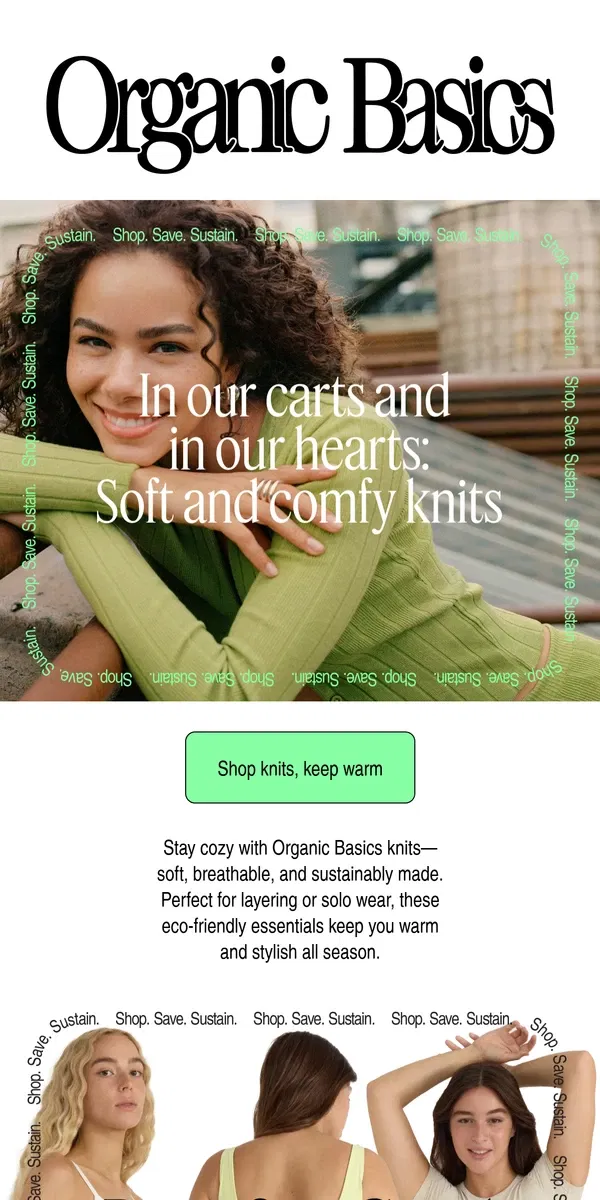 Email from Organic Basics. Up to 60% Off Our Coziest Knits